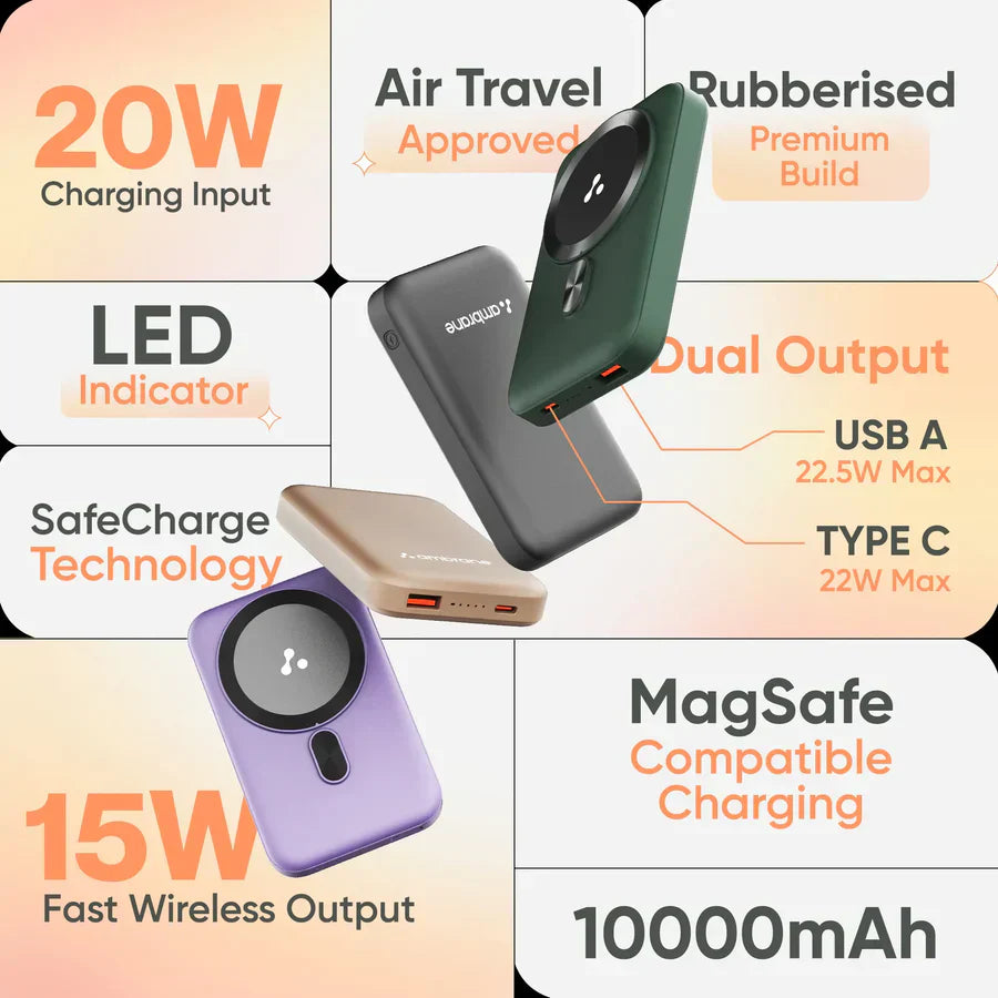 Ambrane AeroSync PB12 10000mAh Magnetic Wireless Power Bank - Rivantrends accessories